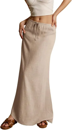 Womens Skirts Summer Linen Maxi Skirt with Slit Plus Size Long Flowy Skirts Beach Comfy Drawstring Low Rise
