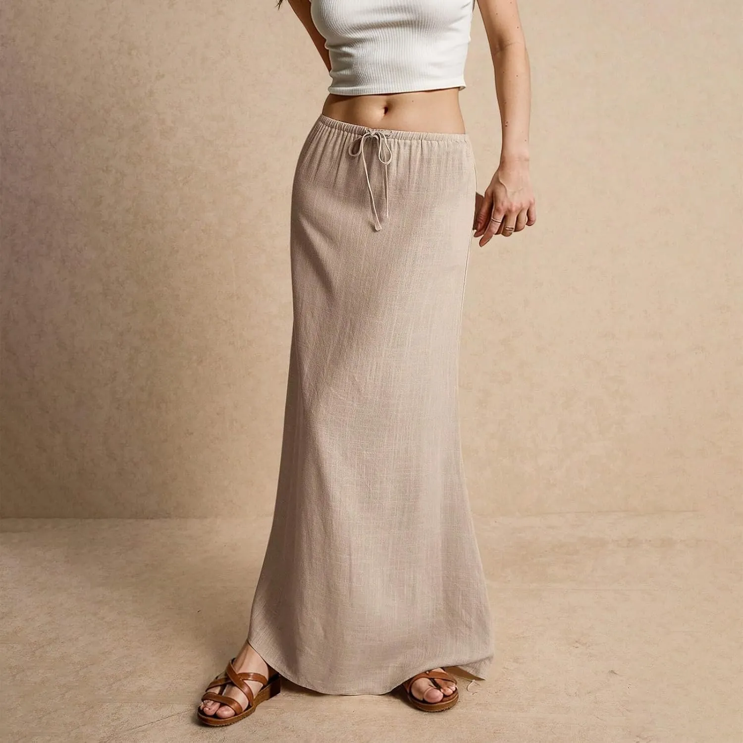 Womens Skirts Summer Linen Maxi Skirt with Slit Plus Size Long Flowy Skirts Beach Comfy Drawstring Low Rise
