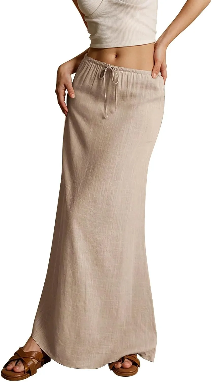 Womens Skirts Summer Linen Maxi Skirt with Slit Plus Size Long Flowy Skirts Beach Comfy Drawstring Low Rise