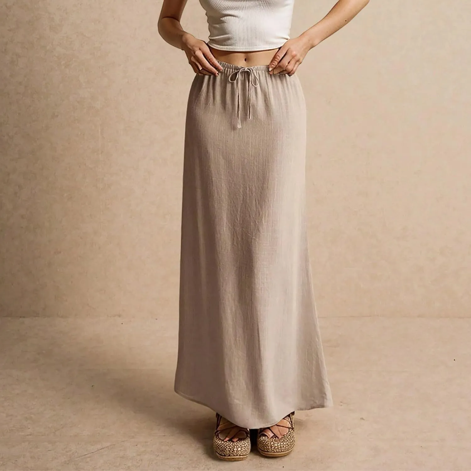 Womens Skirts Summer Linen Maxi Skirt with Slit Plus Size Long Flowy Skirts Beach Comfy Drawstring Low Rise