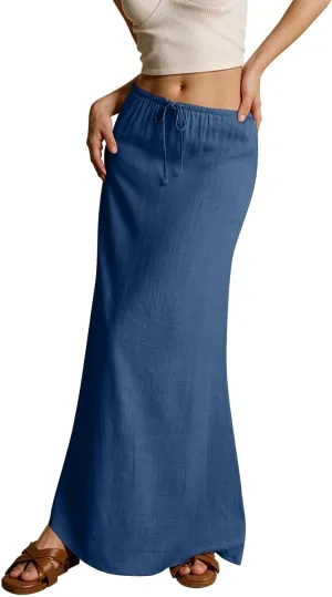Women's Skirts Summer Long Flowy Skirts Plus Size Womens Linen Maxi Skirt with Slit Beach Comfy Drawstring Low Rise