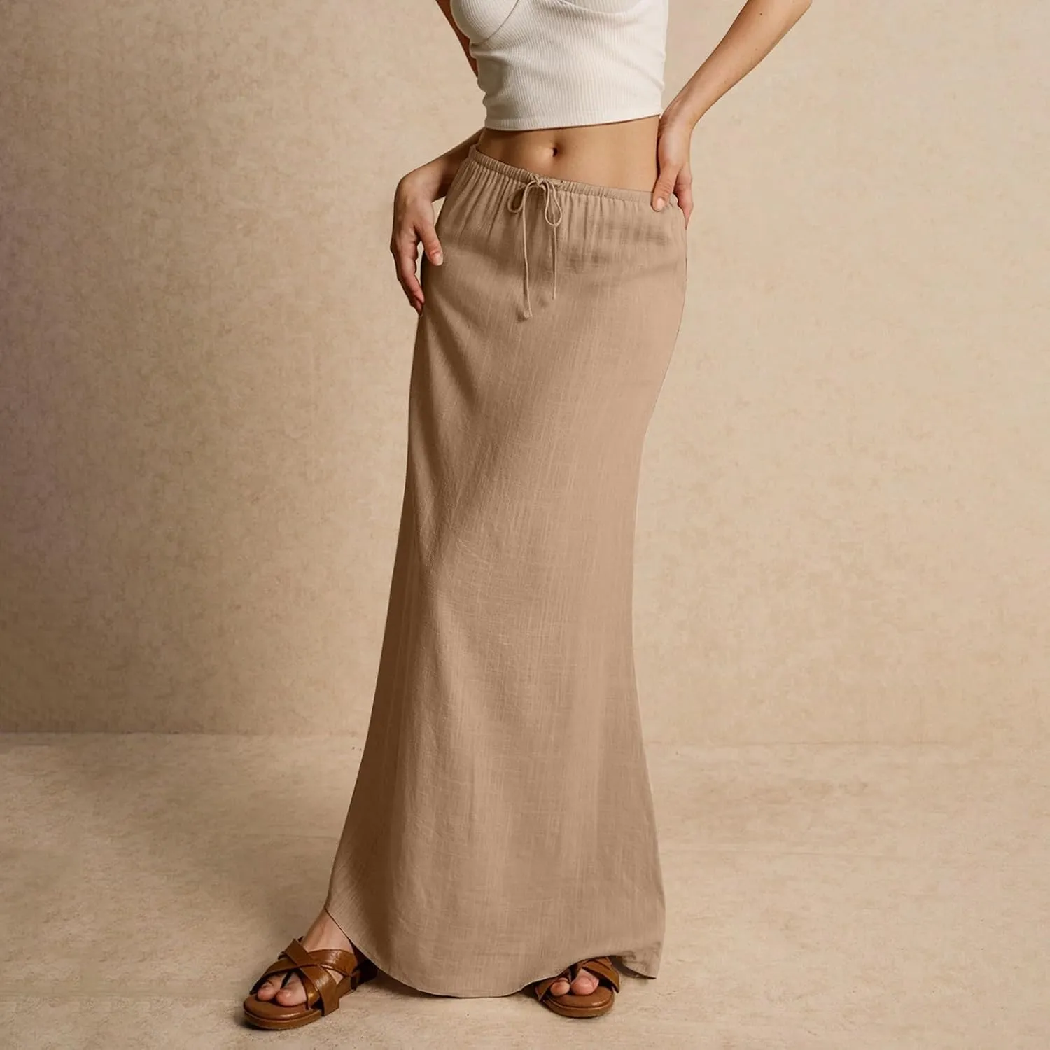Women's Skirts Summer Long Flowy Skirts Plus Size Womens Linen Maxi Skirt with Slit Beach Comfy Drawstring Low Rise