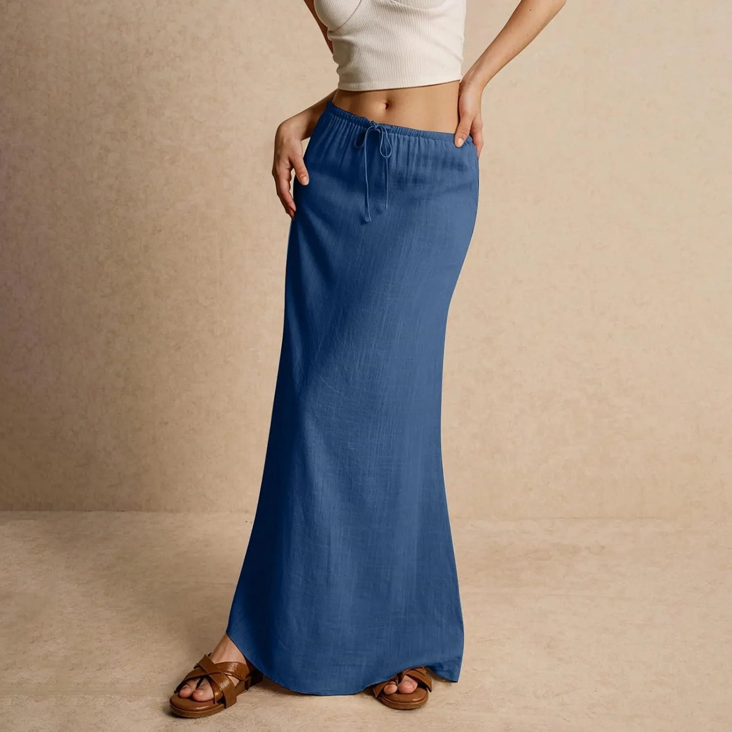 Women's Skirts Summer Long Flowy Skirts Plus Size Womens Linen Maxi Skirt with Slit Beach Comfy Drawstring Low Rise