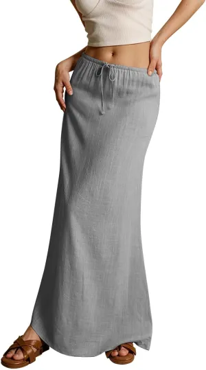Women's Skirts Summer Long Flowy Skirts Plus Size Womens Linen Maxi Skirt with Slit Beach Comfy Drawstring Low Rise