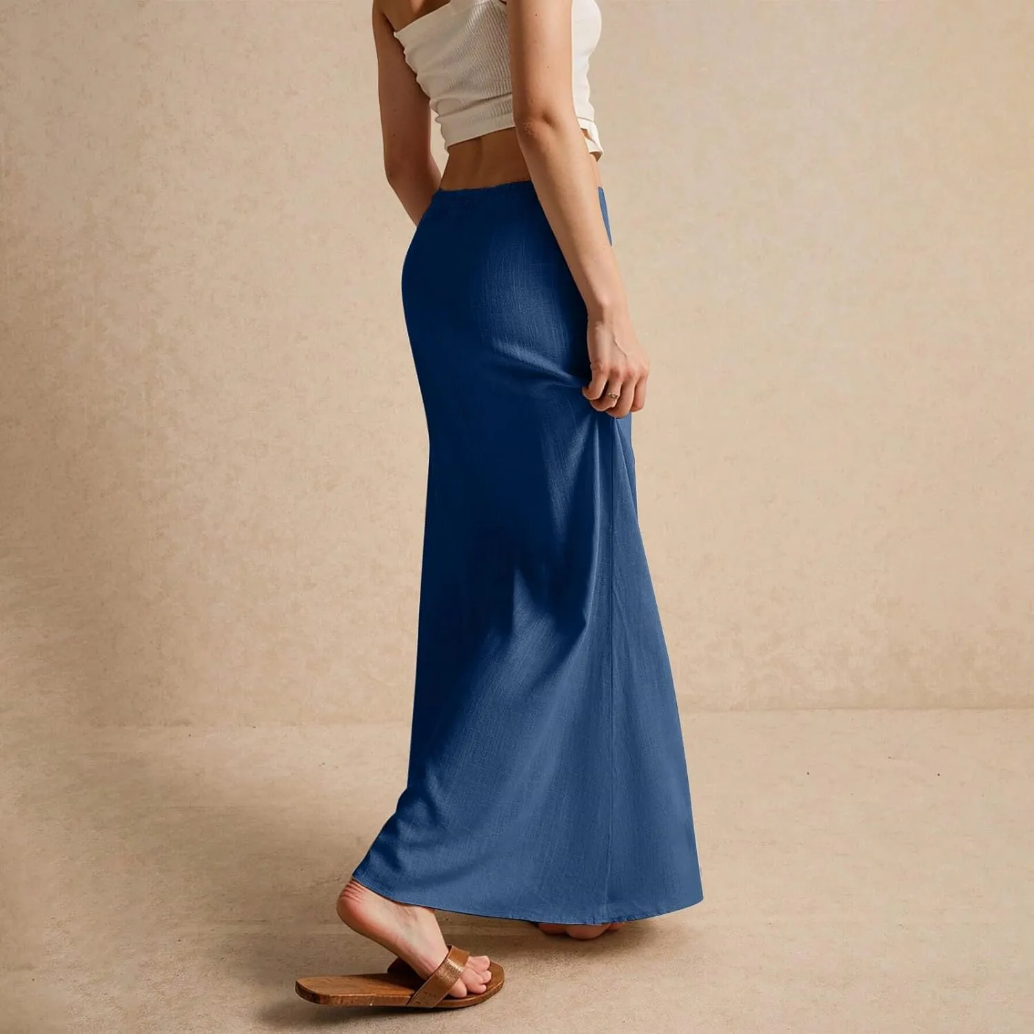 Women's Skirts Summer Long Flowy Skirts Plus Size Womens Linen Maxi Skirt with Slit Beach Comfy Drawstring Low Rise