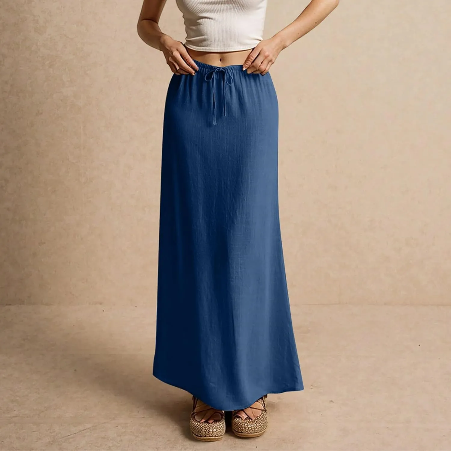 Women's Skirts Summer Long Flowy Skirts Plus Size Womens Linen Maxi Skirt with Slit Beach Comfy Drawstring Low Rise