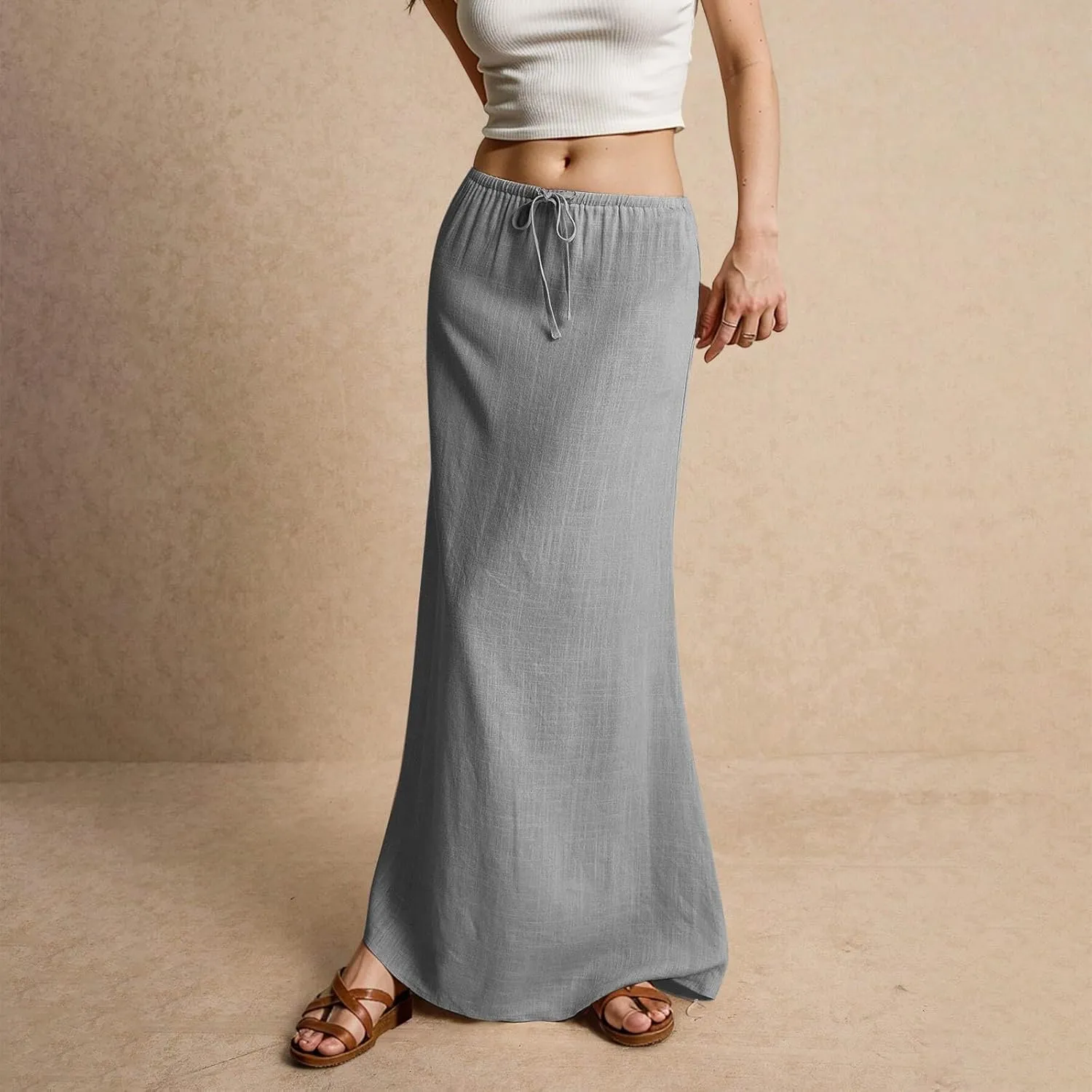 Women's Skirts Summer Long Flowy Skirts Plus Size Womens Linen Maxi Skirt with Slit Beach Comfy Drawstring Low Rise