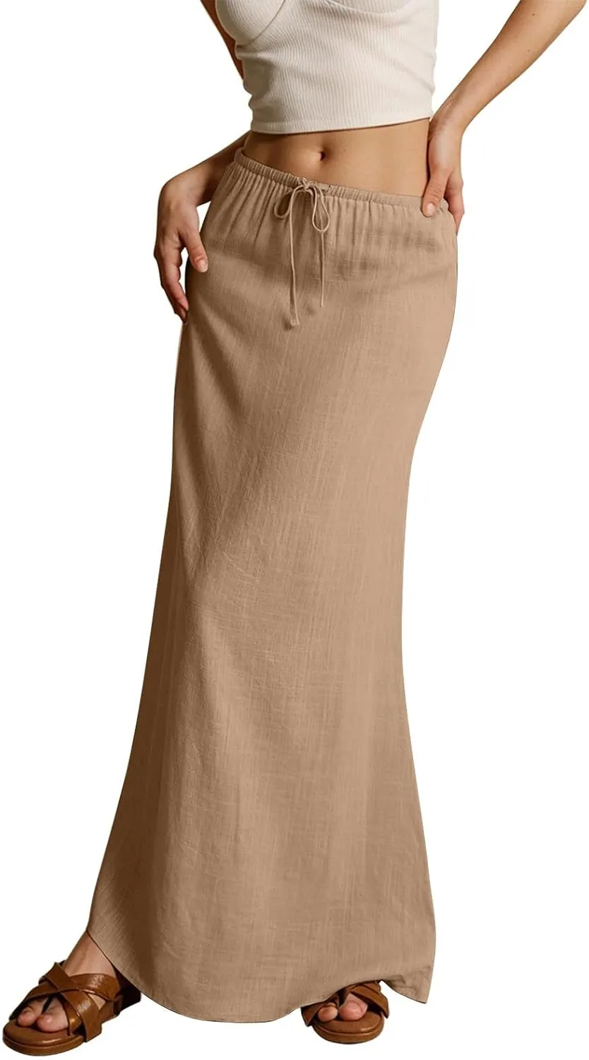 Women's Skirts Summer Long Flowy Skirts Plus Size Womens Linen Maxi Skirt with Slit Beach Comfy Drawstring Low Rise