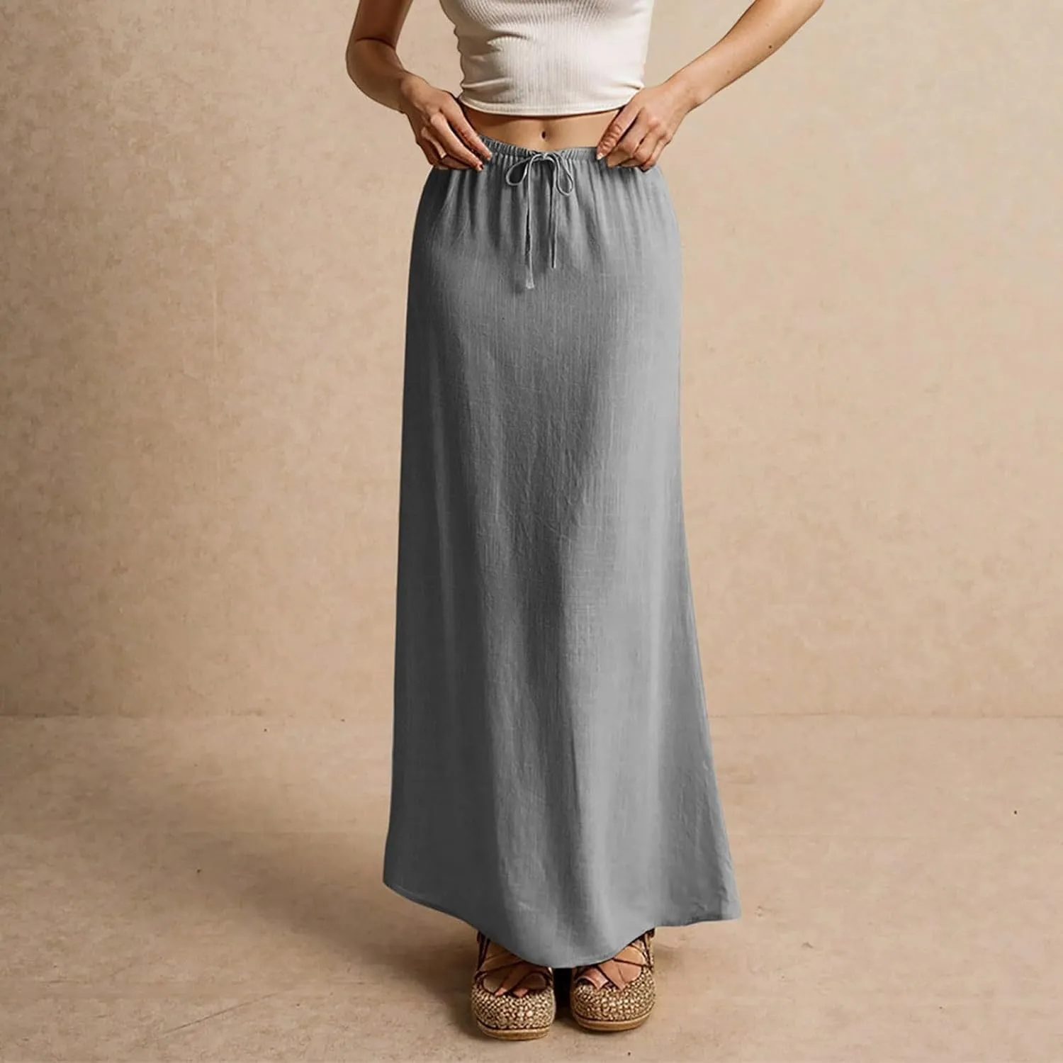 Women's Skirts Summer Long Flowy Skirts Plus Size Womens Linen Maxi Skirt with Slit Beach Comfy Drawstring Low Rise