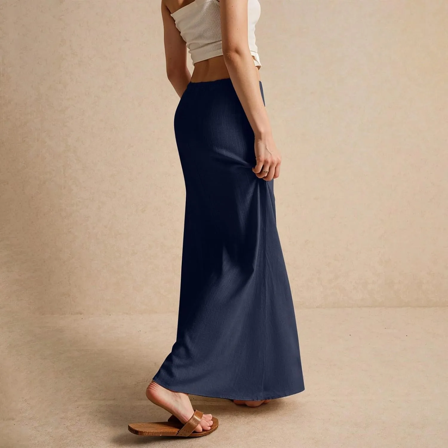 Women's Skirts Summer Long Flowy Skirts Plus Size Womens Linen Maxi Skirt with Slit Beach Comfy Drawstring Low Rise