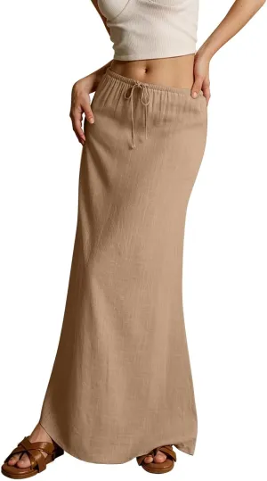 Women's Skirts Summer Long Flowy Skirts Plus Size Womens Linen Maxi Skirt with Slit Beach Comfy Drawstring Low Rise