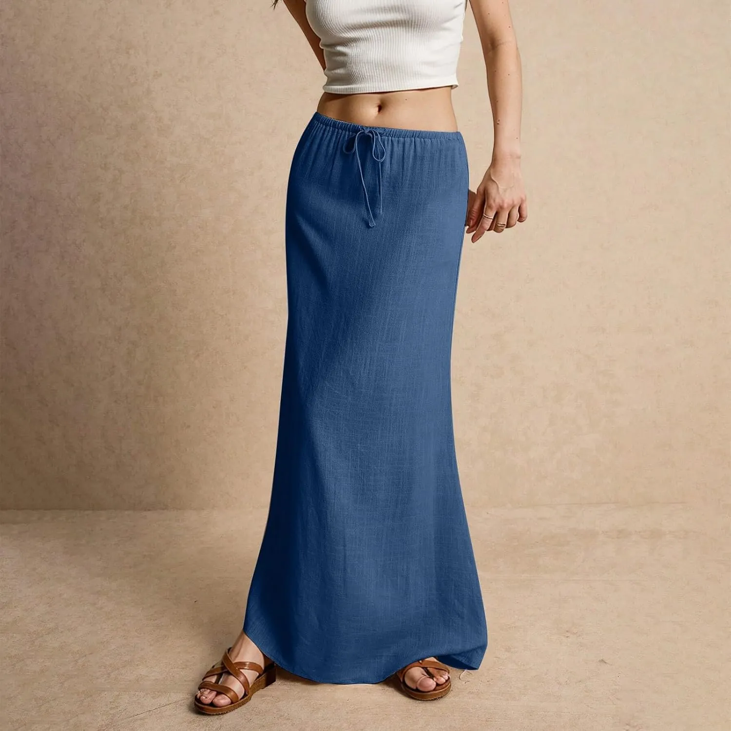 Women's Skirts Summer Long Flowy Skirts Plus Size Womens Linen Maxi Skirt with Slit Beach Comfy Drawstring Low Rise