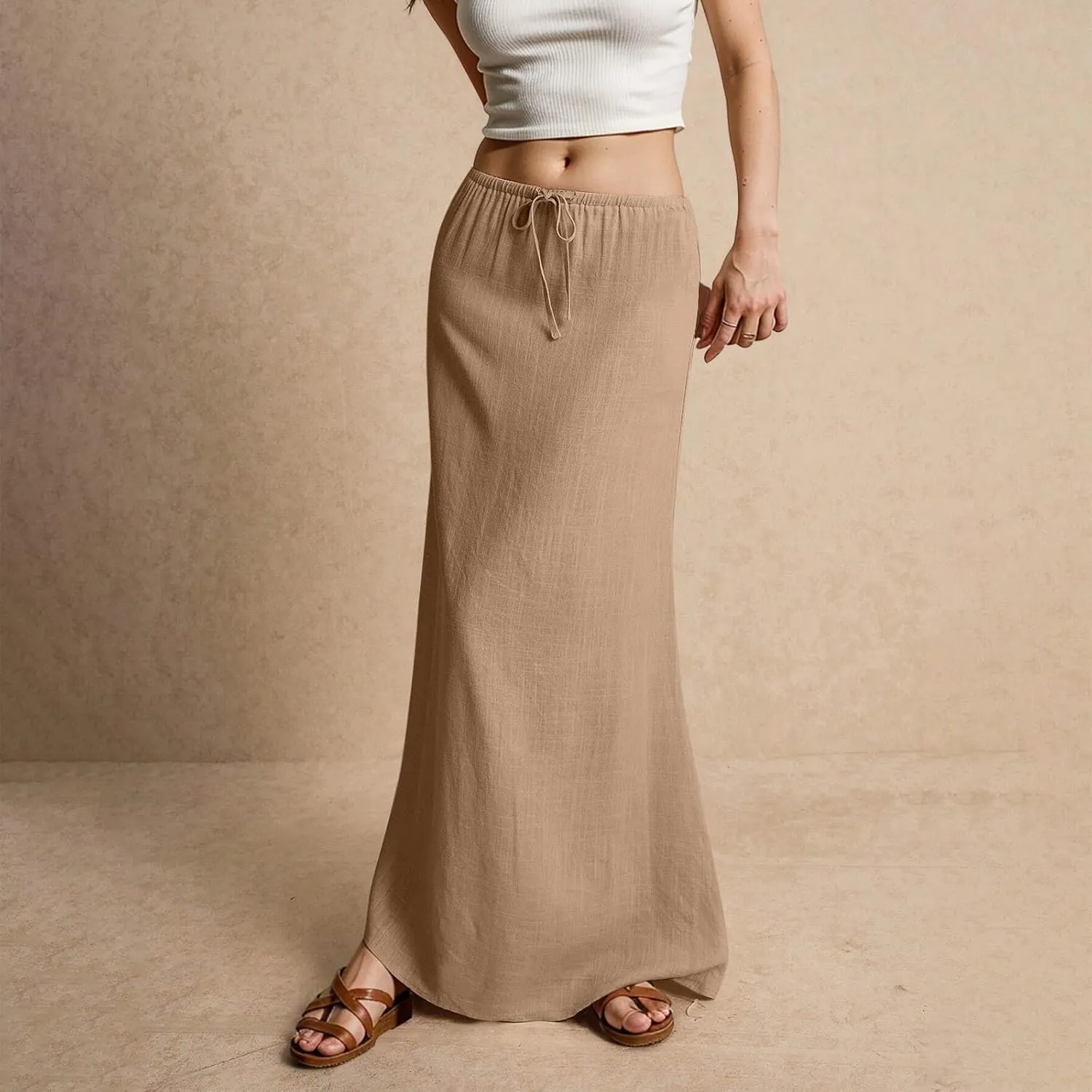 Women's Skirts Summer Long Flowy Skirts Plus Size Womens Linen Maxi Skirt with Slit Beach Comfy Drawstring Low Rise