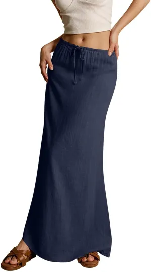 Women's Skirts Summer Long Flowy Skirts Plus Size Womens Linen Maxi Skirt with Slit Beach Comfy Drawstring Low Rise