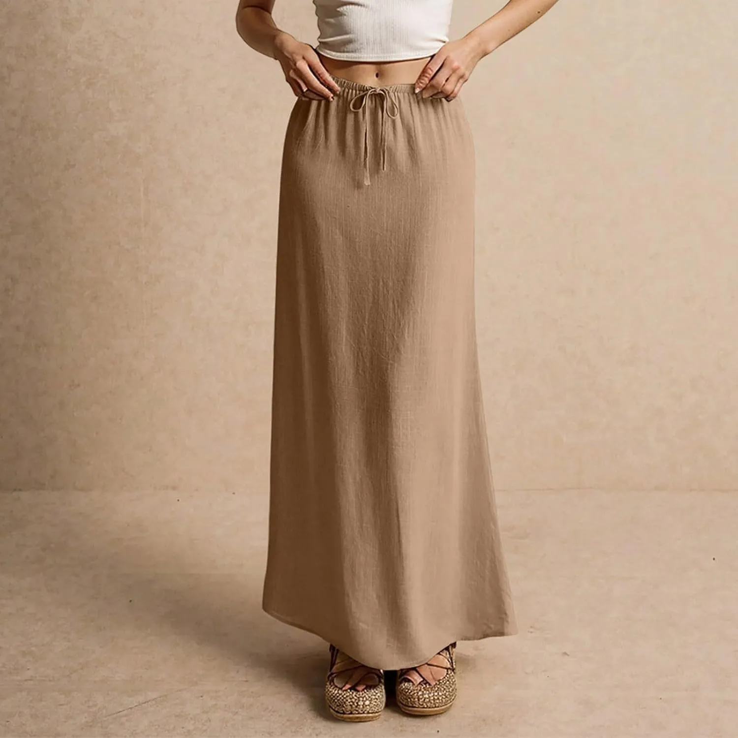 Women's Skirts Summer Long Flowy Skirts Plus Size Womens Linen Maxi Skirt with Slit Beach Comfy Drawstring Low Rise