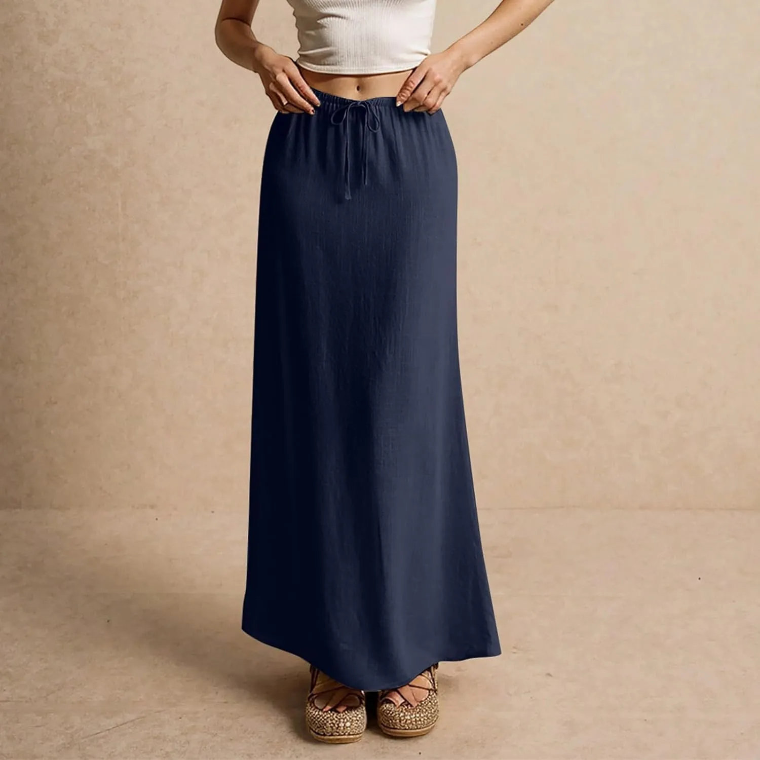 Women's Skirts Summer Long Flowy Skirts Plus Size Womens Linen Maxi Skirt with Slit Beach Comfy Drawstring Low Rise