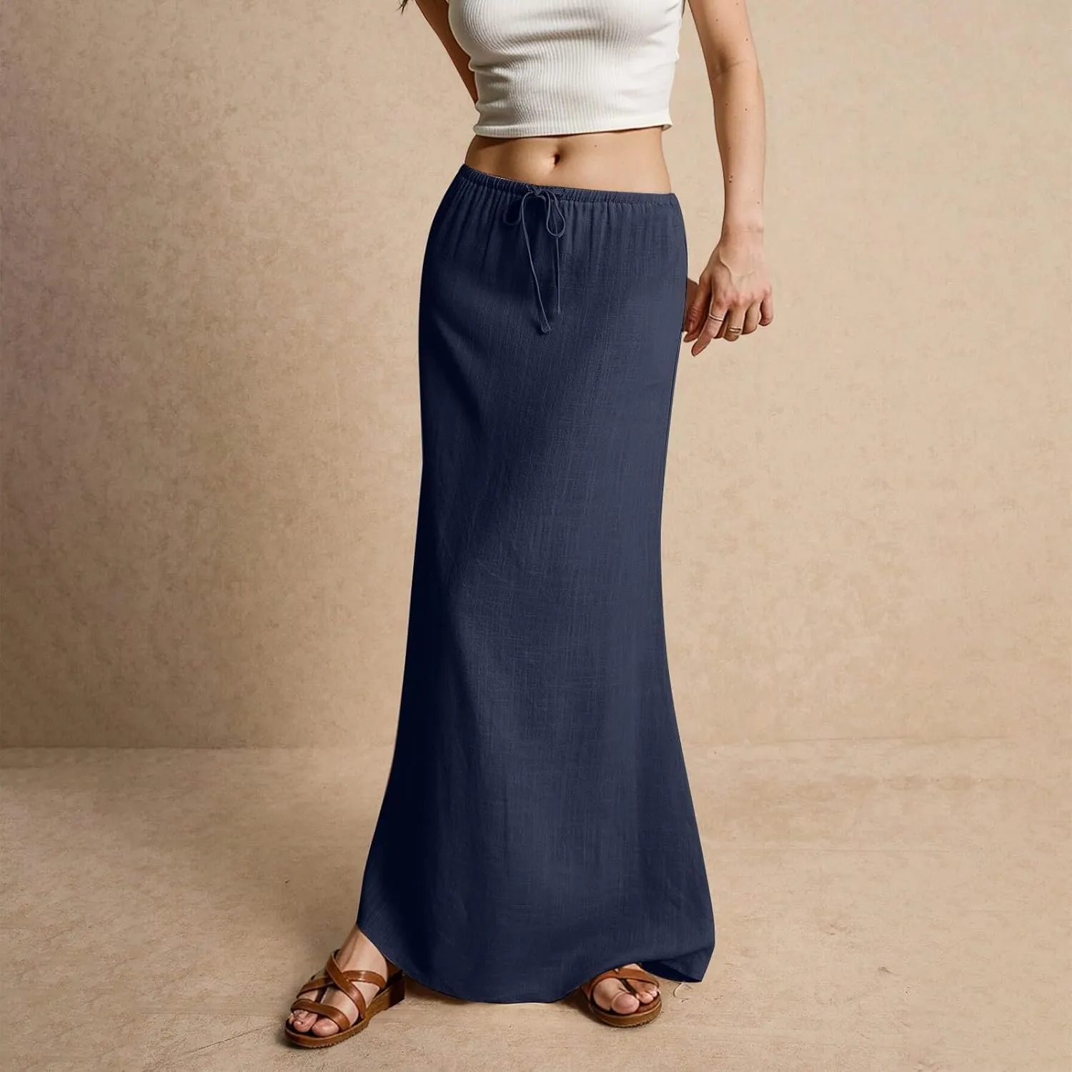 Women's Skirts Summer Long Flowy Skirts Plus Size Womens Linen Maxi Skirt with Slit Beach Comfy Drawstring Low Rise