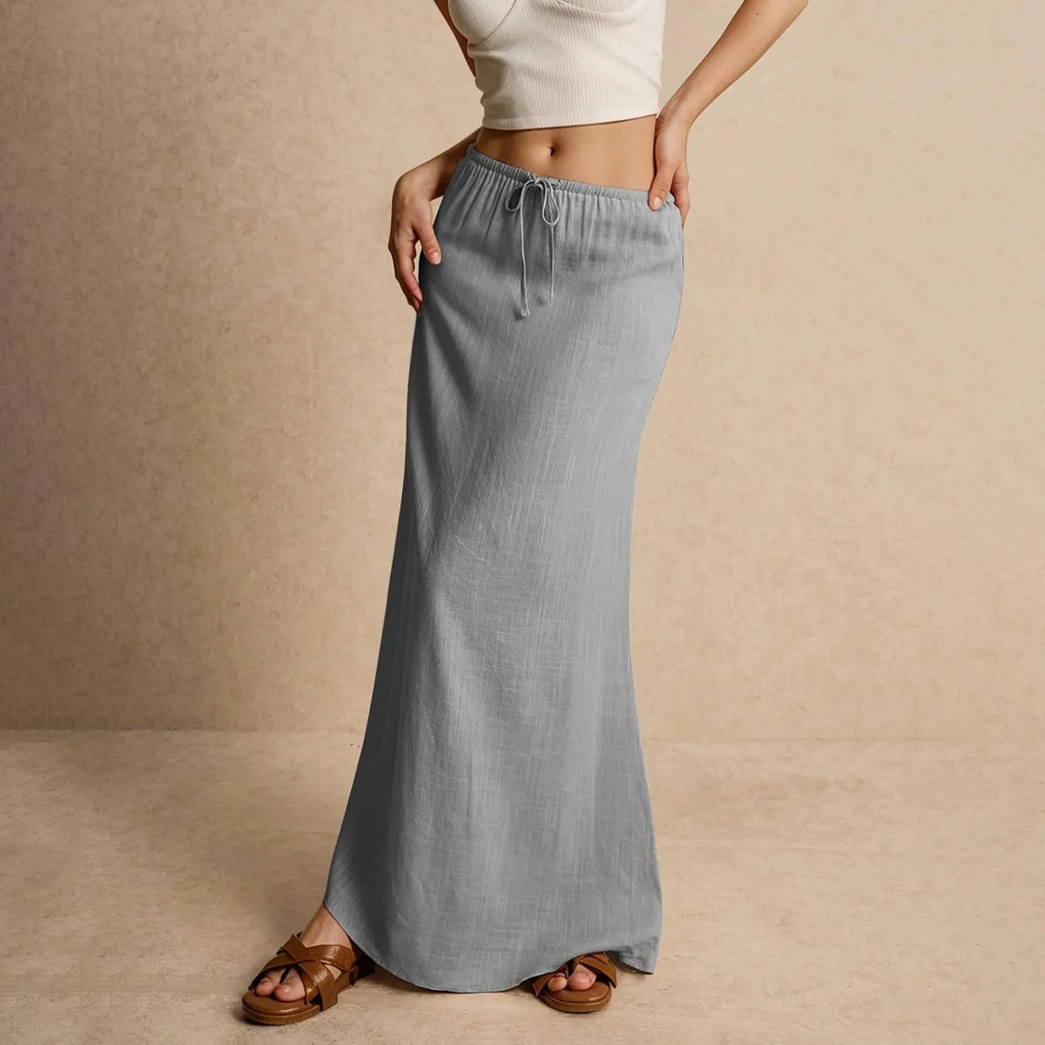 Women's Skirts Summer Long Flowy Skirts Plus Size Womens Linen Maxi Skirt with Slit Beach Comfy Drawstring Low Rise
