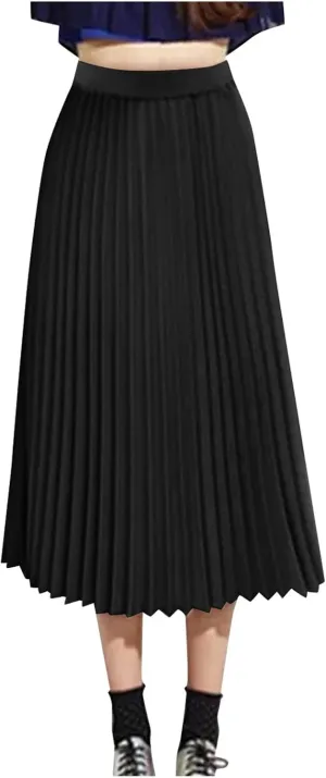 Women's Skirts Trendy Summer Casual Loose Elastic High Waist Solid Color Pleated Sun Beach Midi Skirt, S-XL