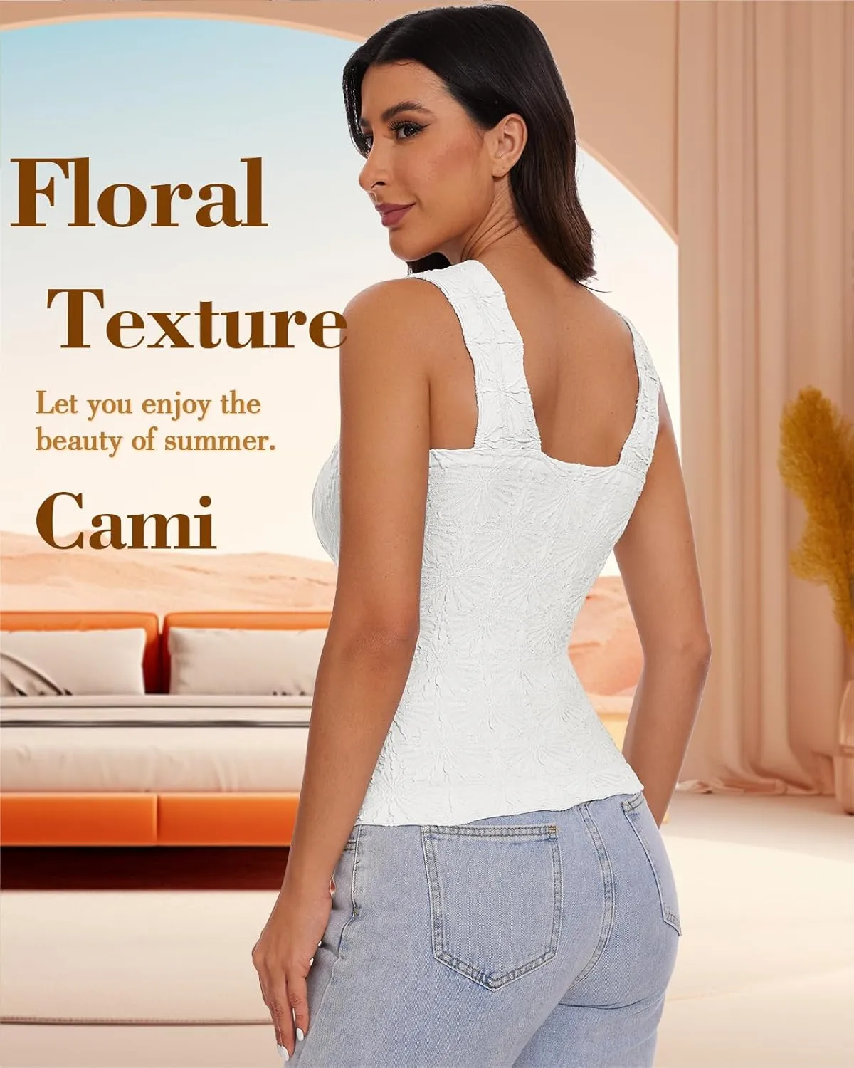 Women's Square Neck Wide Strap Crop Tank Tops Slim Fit Sleeveless Going Out Top Flower Lettuce Trim Cami Tops