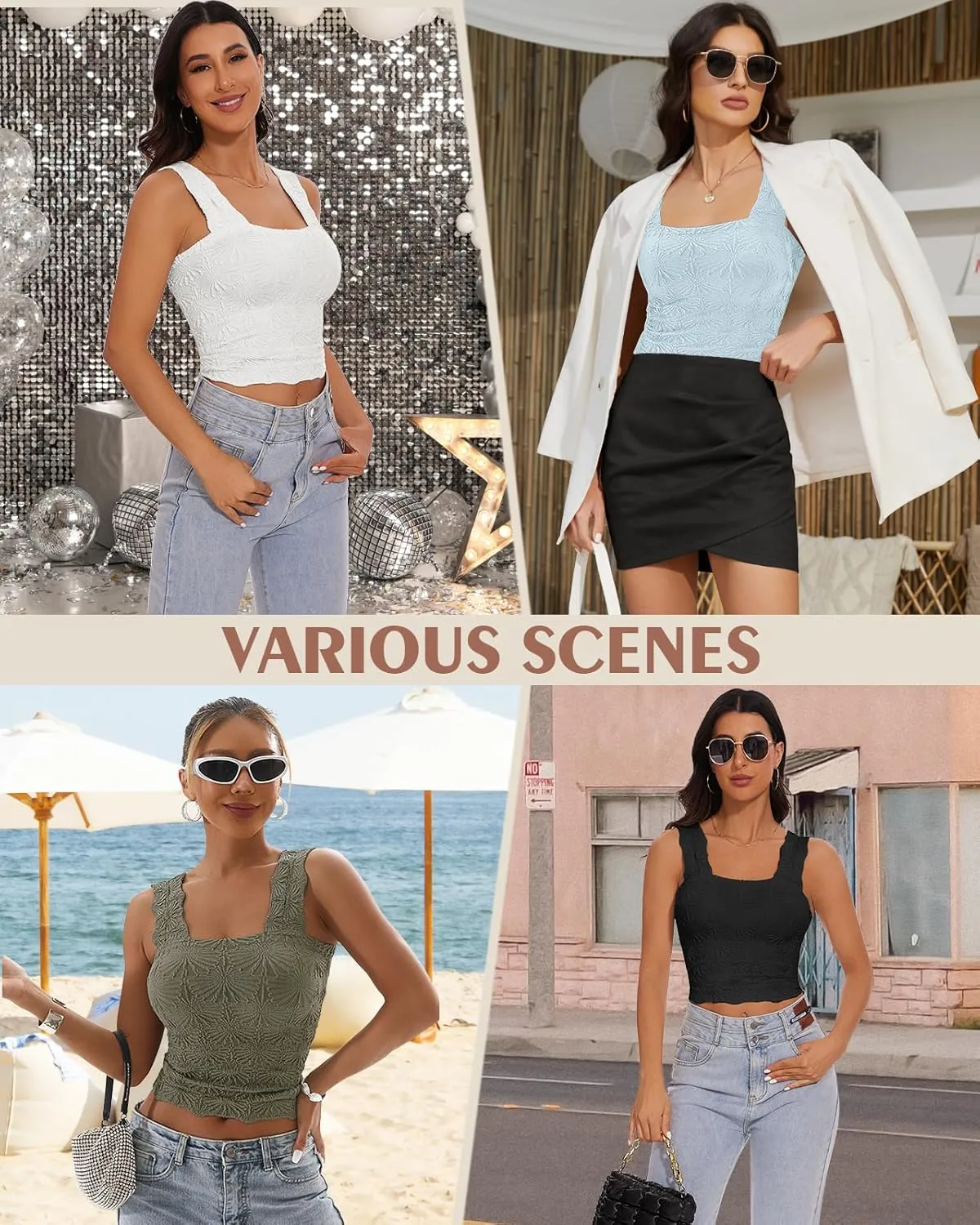 Women's Square Neck Wide Strap Crop Tank Tops Slim Fit Sleeveless Going Out Top Flower Lettuce Trim Cami Tops