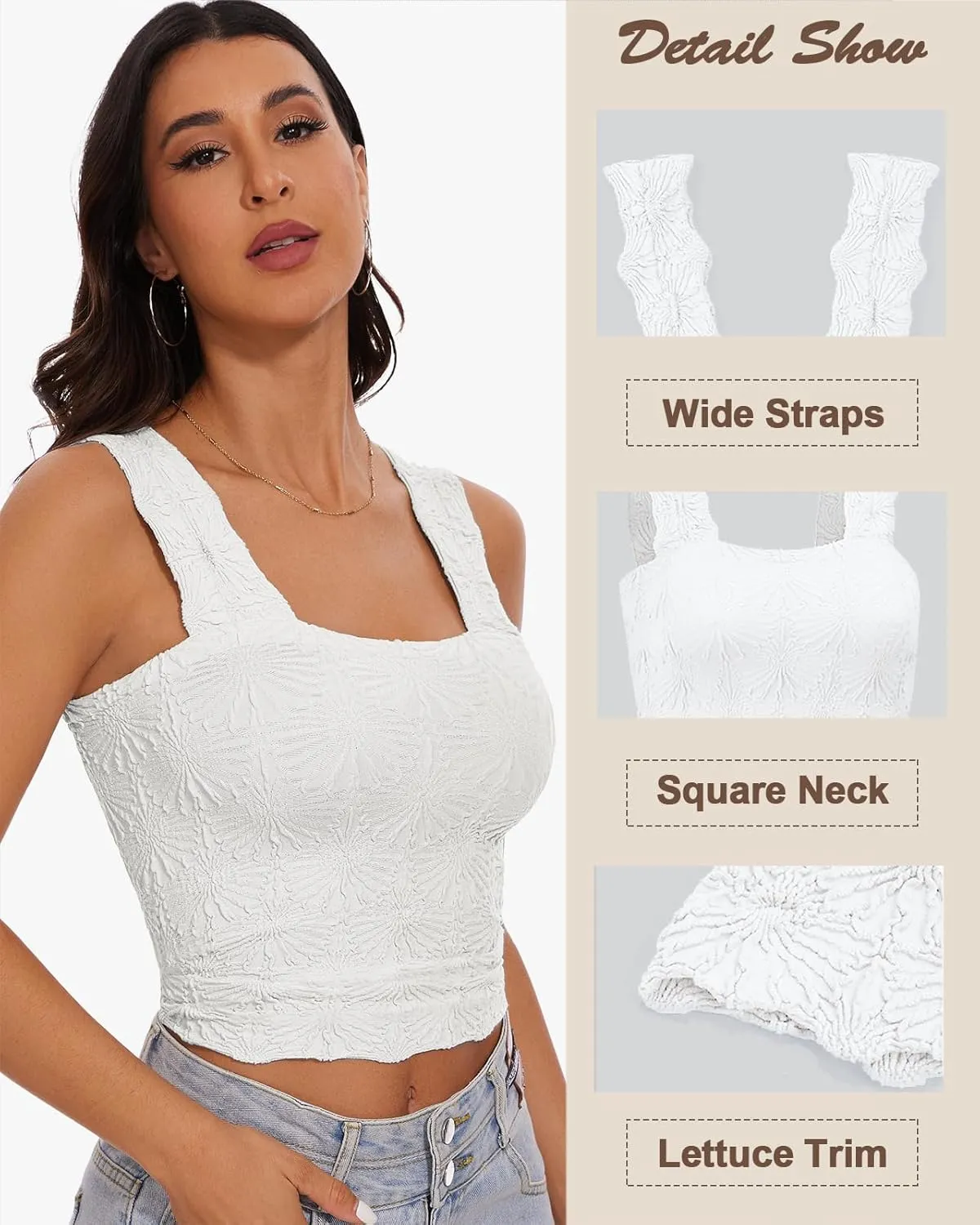 Women's Square Neck Wide Strap Crop Tank Tops Slim Fit Sleeveless Going Out Top Flower Lettuce Trim Cami Tops