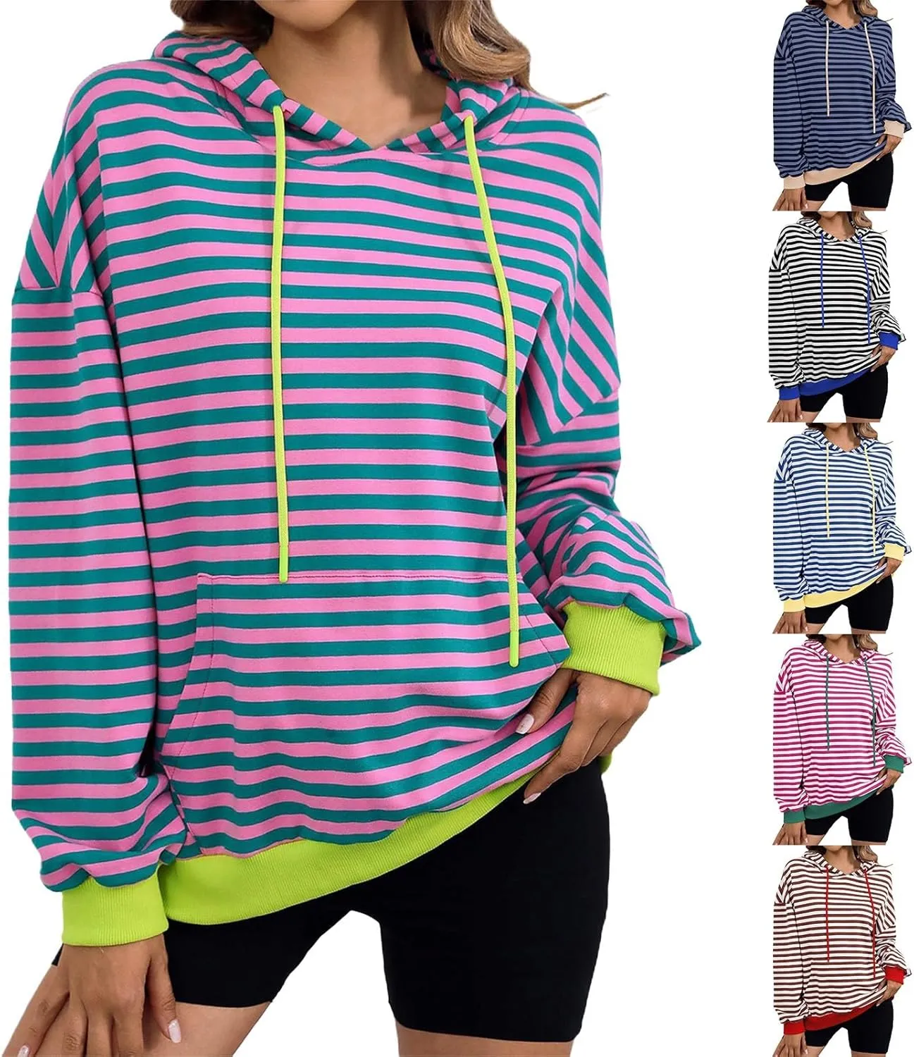 Womens Stripe Hoodies Oversized Sweatshirts Striped Color Block Drawstring Loose Pullover 2024 Fall Casual Hoodie Y2K