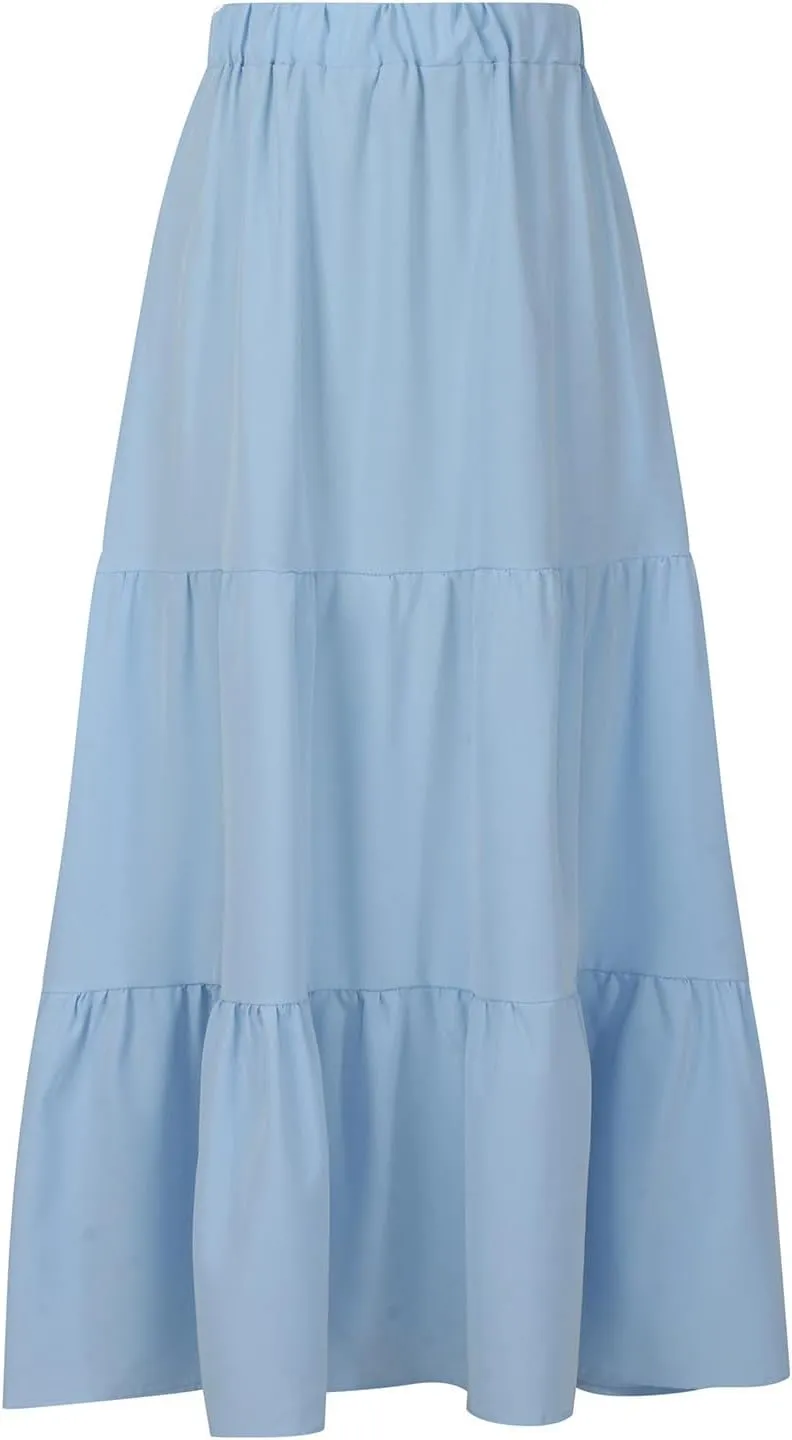 Womens Summer Casual Beach Skirts Elastic Waist Pleated A-Line Flowy Skirt with Pocket Basic Solid Midi Skirt