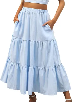 Womens Summer Casual Beach Skirts Elastic Waist Pleated A-Line Flowy Skirt with Pocket Basic Solid Midi Skirt