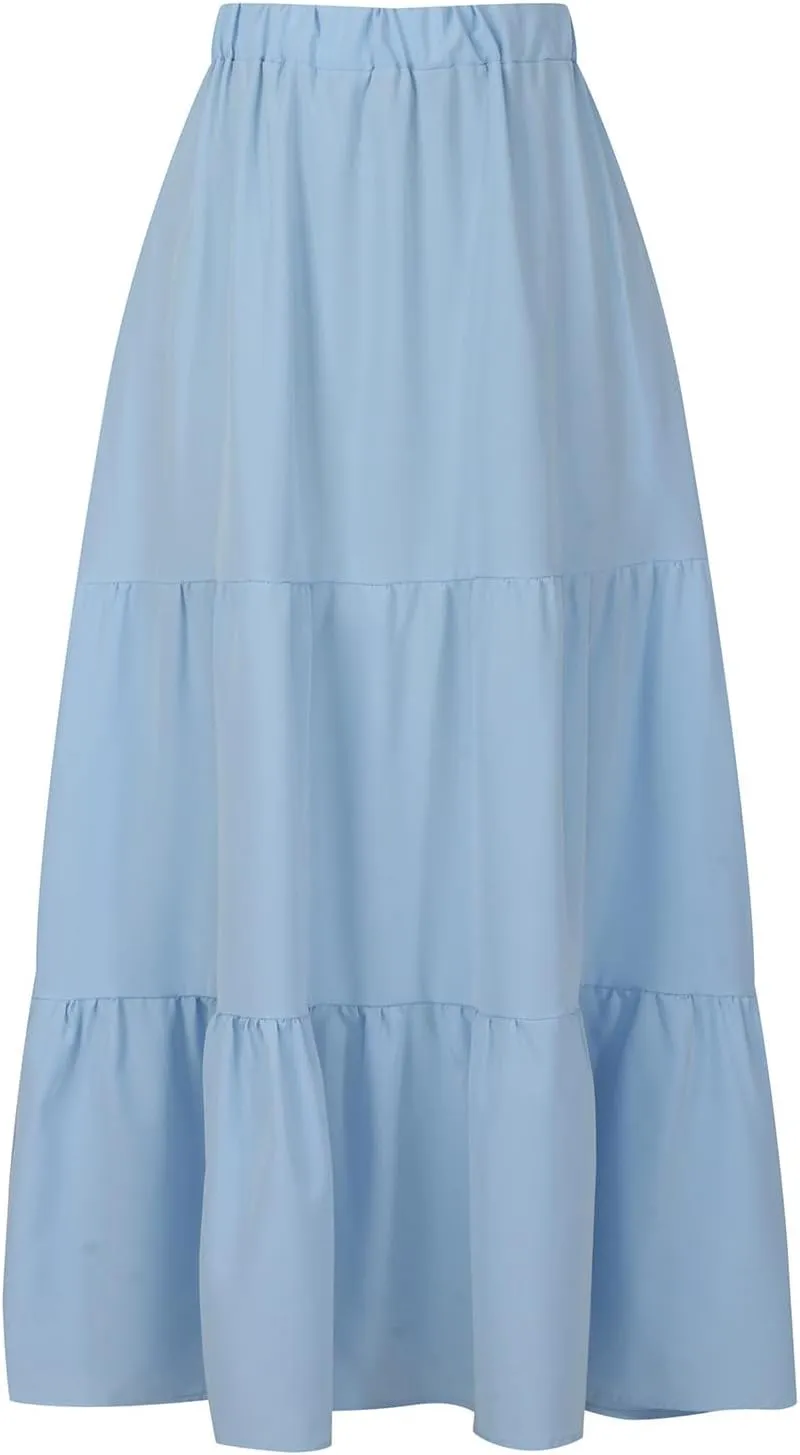 Womens Summer Casual Beach Skirts Elastic Waist Pleated A-Line Flowy Skirt with Pocket Basic Solid Midi Skirt