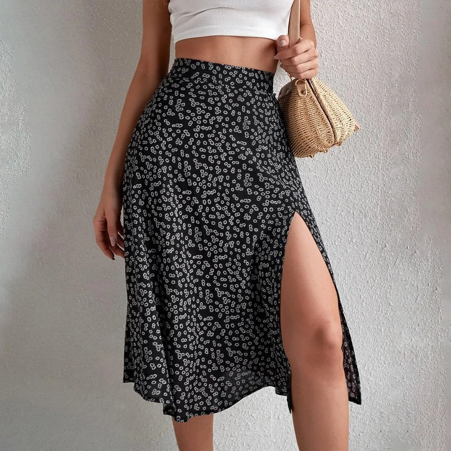 Women's Summer Casual Loose Trendy Elastic High Waist Floral Print Bohemian Split Sun Beach Midi Skirts, S-3XL