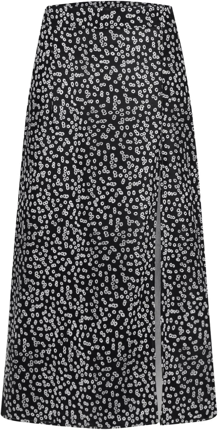 Women's Summer Casual Loose Trendy Elastic High Waist Floral Print Bohemian Split Sun Beach Midi Skirts, S-3XL