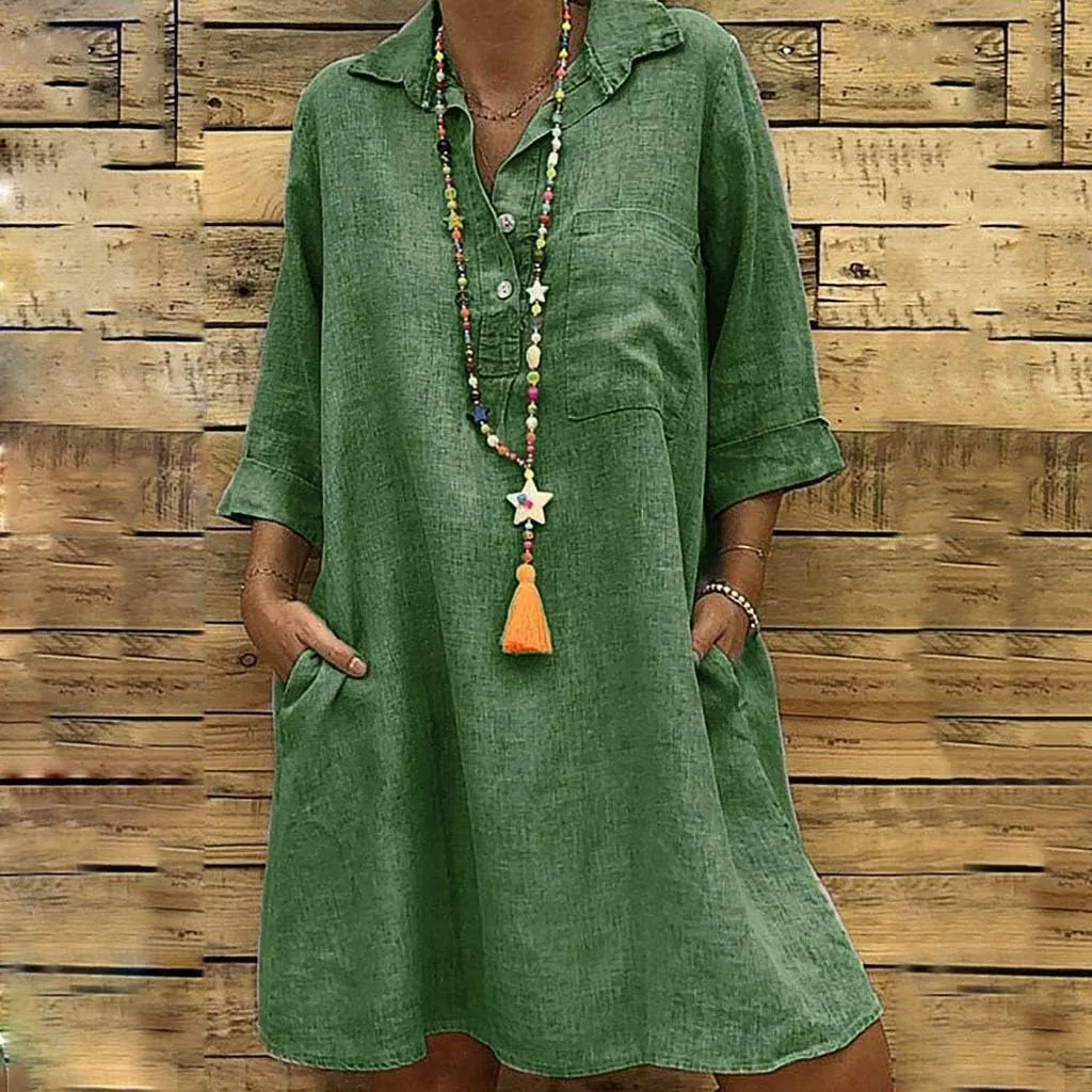 Women's Summer Casual Loose Trendy Short Sleeve Button Down Collar Solid Color Sun Beach Linen Dress, S-5XL
