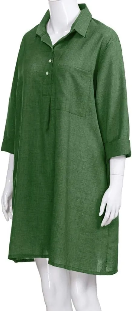 Women's Summer Casual Loose Trendy Short Sleeve Button Down Collar Solid Color Sun Beach Linen Dress, S-5XL