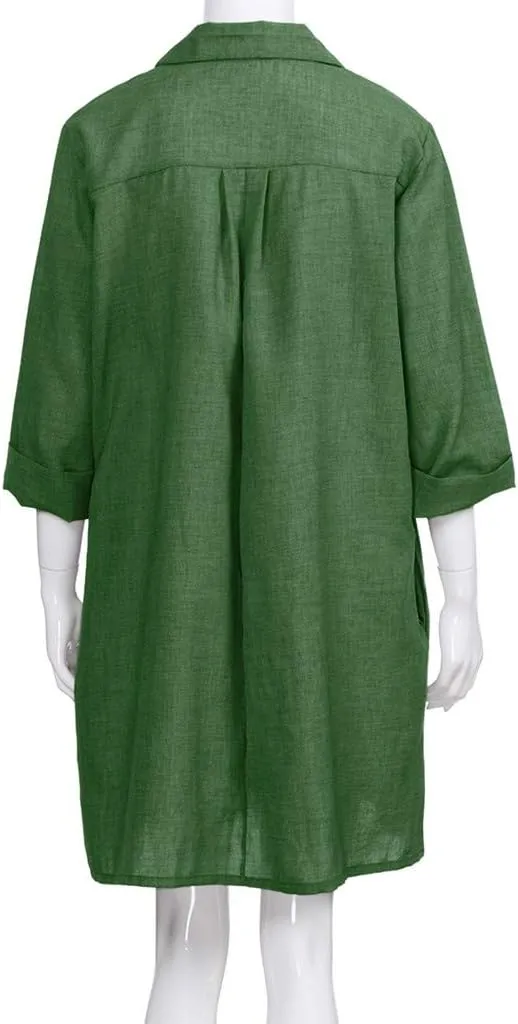 Women's Summer Casual Loose Trendy Short Sleeve Button Down Collar Solid Color Sun Beach Linen Dress, S-5XL