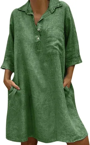 Women's Summer Casual Loose Trendy Short Sleeve Button Down Collar Solid Color Sun Beach Linen Dress, S-5XL