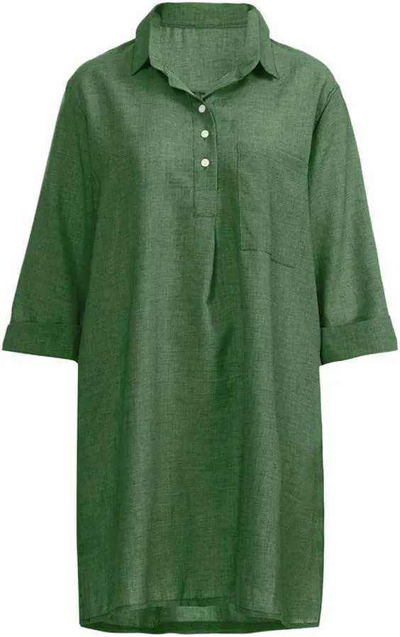 Women's Summer Casual Loose Trendy Short Sleeve Button Down Collar Solid Color Sun Beach Linen Dress, S-5XL