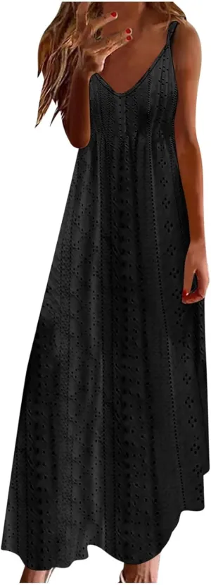 Womens Summer Dress Spaghetti Strap Long Maxi Dresses Flowy Boho Eyelet Sundresses Vacation Outfits
