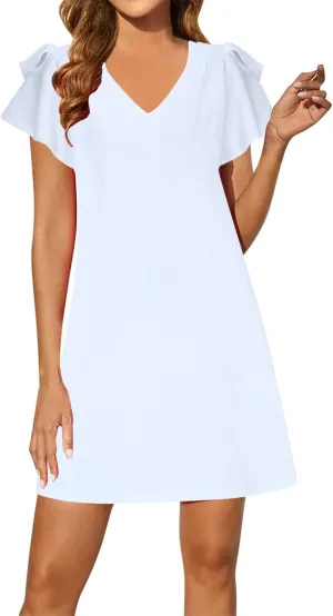 Women's Summer Dresses Beach 2025 Casual V Neck Loose Outfits Ruffle Sleeve Mini Dress Solid Color Tunic Sundress