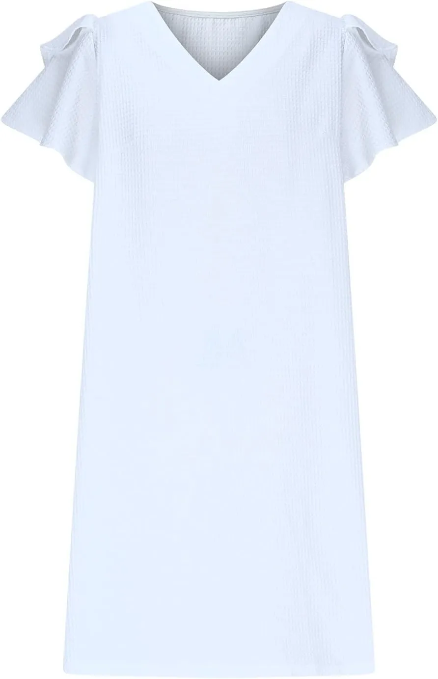 Women's Summer Dresses Beach 2025 Casual V Neck Loose Outfits Ruffle Sleeve Mini Dress Solid Color Tunic Sundress
