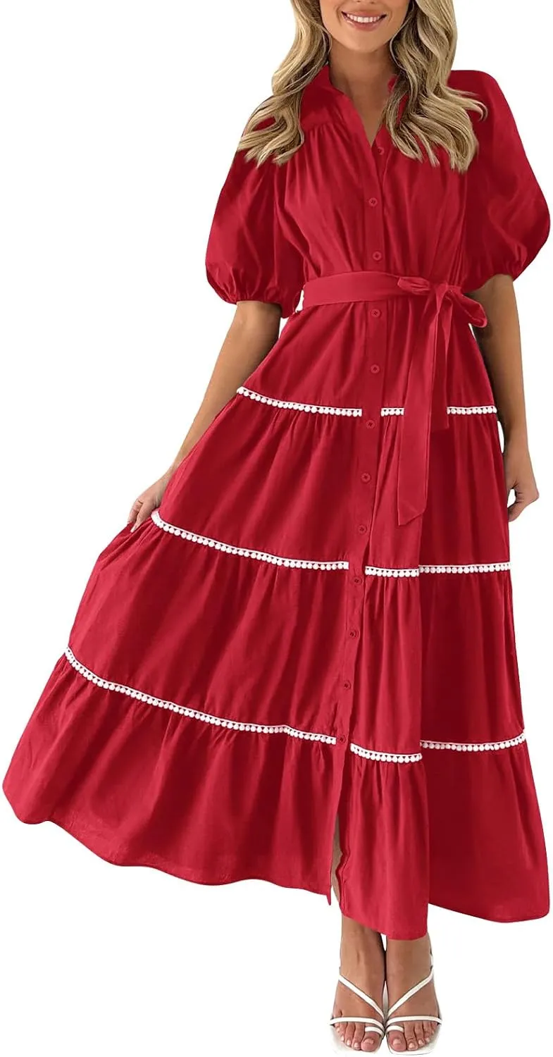 Women's Summer Long Maxi Dress Casual Puffy Short Sleeve Ruffle Tiered Dress Vacation Ruched Pleated Swing Dresses