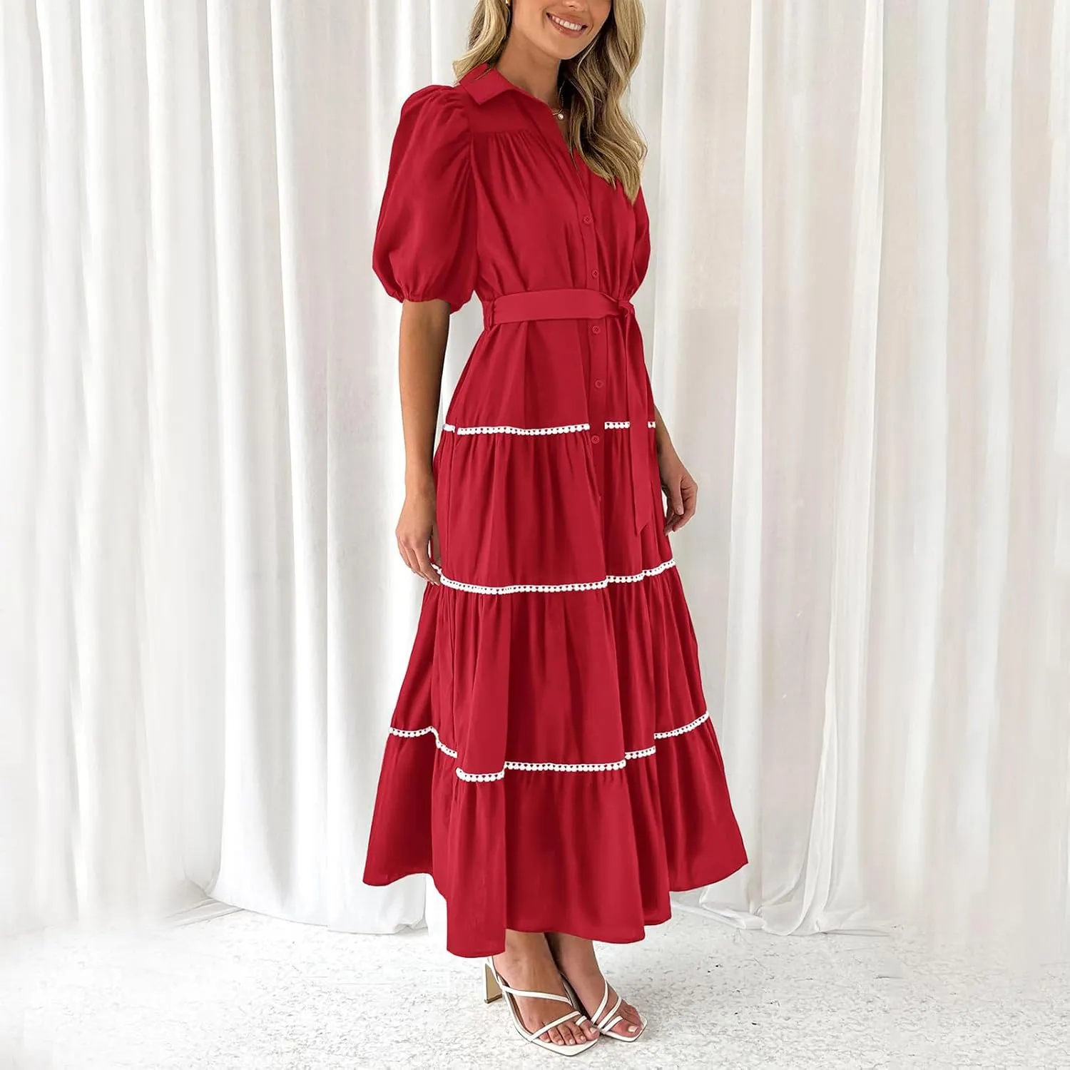 Women's Summer Long Maxi Dress Casual Puffy Short Sleeve Ruffle Tiered Dress Vacation Ruched Pleated Swing Dresses