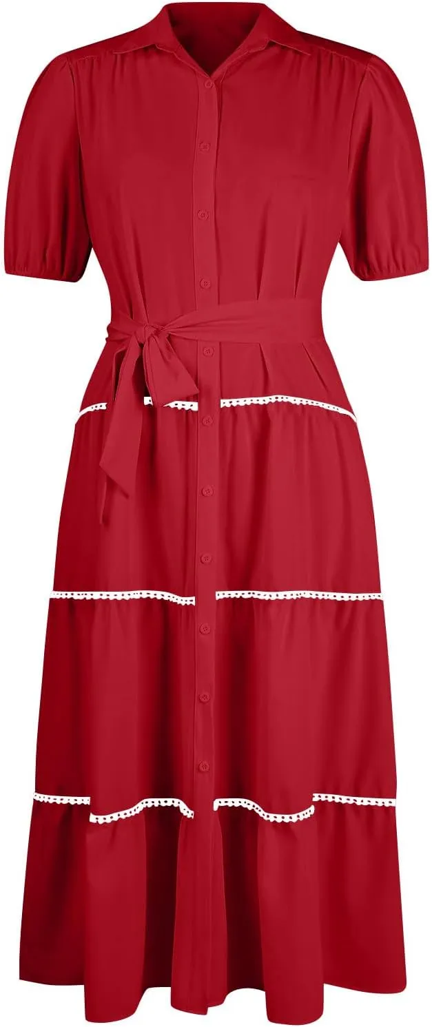 Women's Summer Long Maxi Dress Casual Puffy Short Sleeve Ruffle Tiered Dress Vacation Ruched Pleated Swing Dresses
