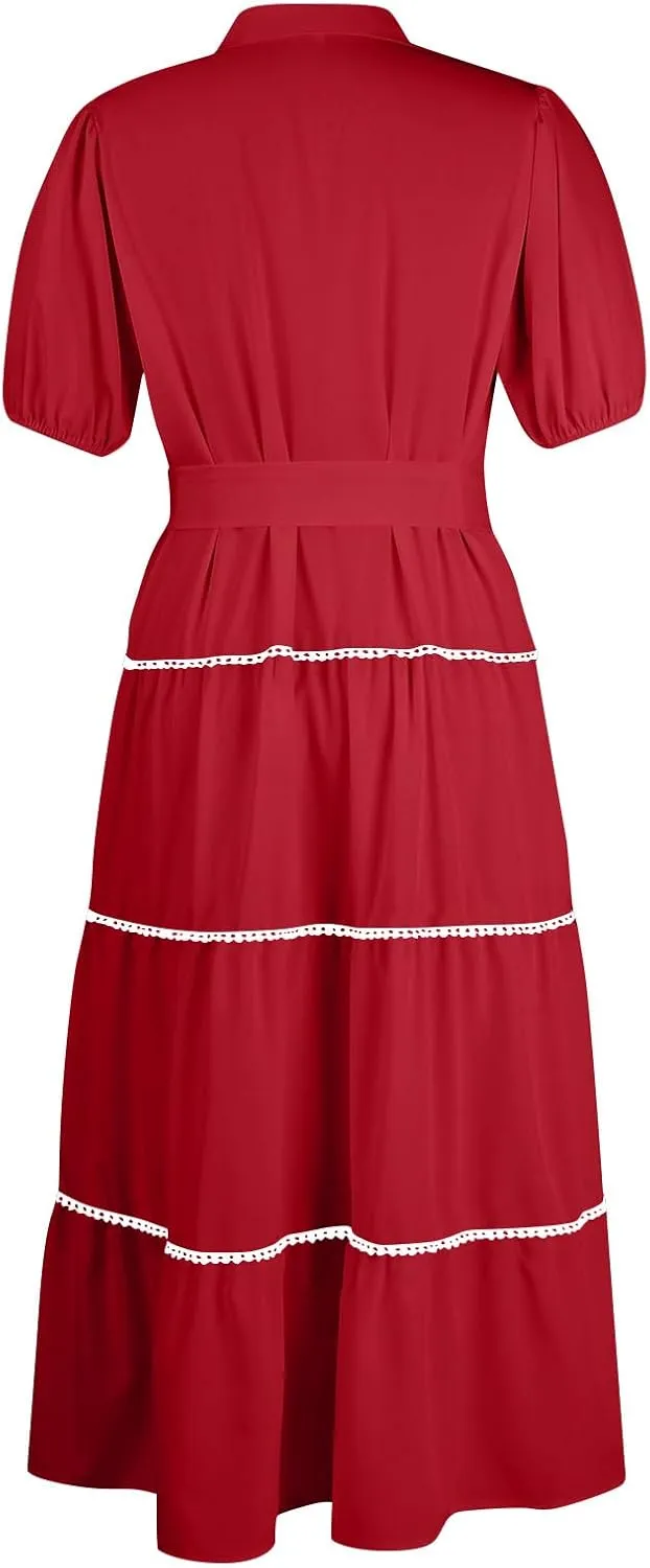 Women's Summer Long Maxi Dress Casual Puffy Short Sleeve Ruffle Tiered Dress Vacation Ruched Pleated Swing Dresses