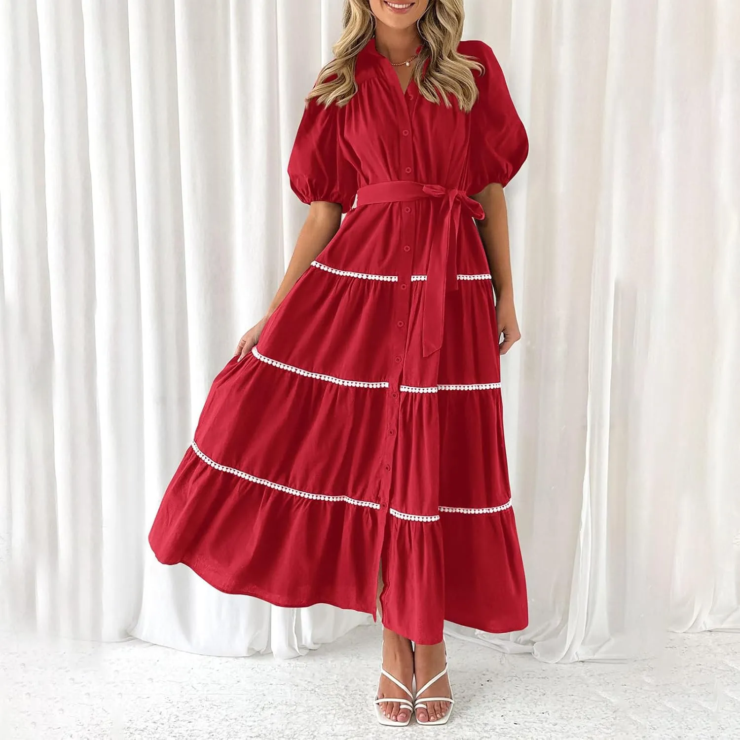 Women's Summer Long Maxi Dress Casual Puffy Short Sleeve Ruffle Tiered Dress Vacation Ruched Pleated Swing Dresses