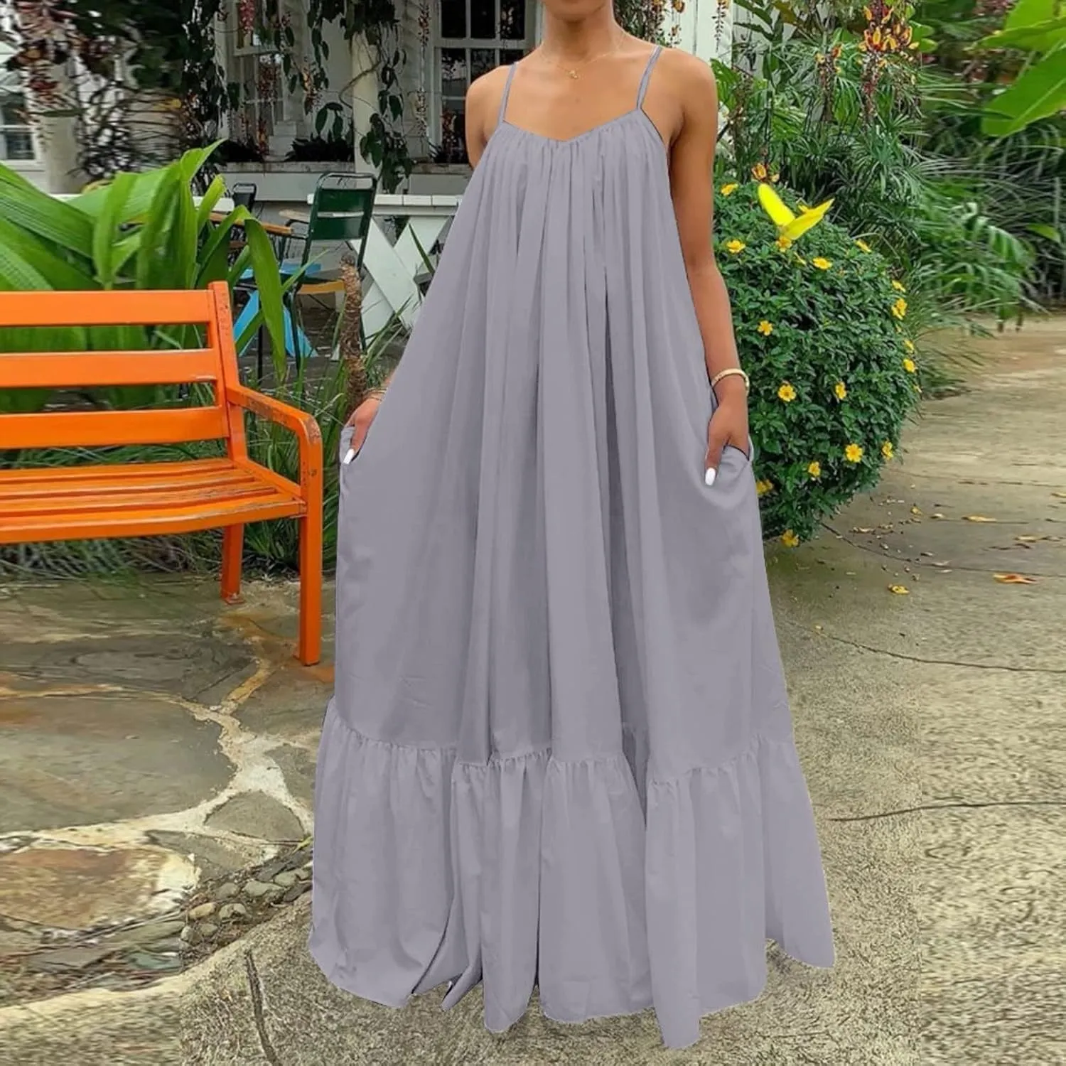 Womens Summer Maxi Dresses Sexy Spaghetti Strap Sleeveless Long Dress Sundress Tiered Ruffle Boho Cami Beach Dress