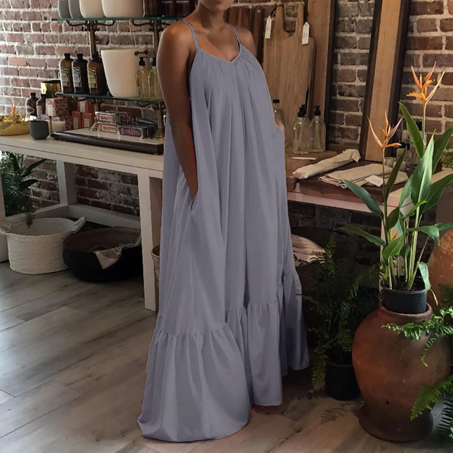 Womens Summer Maxi Dresses Sexy Spaghetti Strap Sleeveless Long Dress Sundress Tiered Ruffle Boho Cami Beach Dress