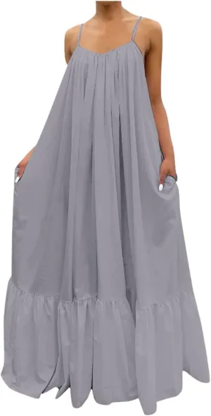 Womens Summer Maxi Dresses Sexy Spaghetti Strap Sleeveless Long Dress Sundress Tiered Ruffle Boho Cami Beach Dress