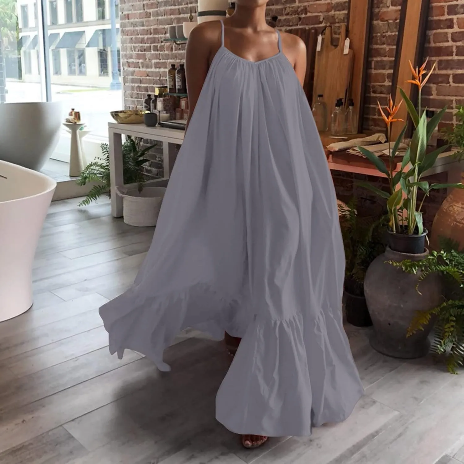 Womens Summer Maxi Dresses Sexy Spaghetti Strap Sleeveless Long Dress Sundress Tiered Ruffle Boho Cami Beach Dress