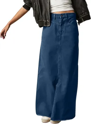 Women's Summer Skirts 2025 Casual Loose Trendy Elastic Waist Solid Color Sun Beach Long Maxi Denim Skirt, S-XL